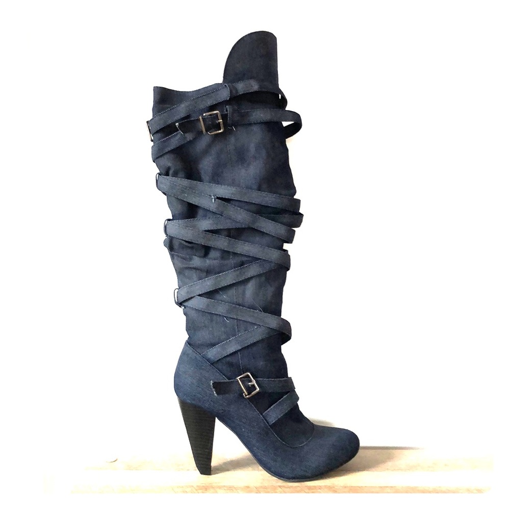 Fahrenheit navy denim knee high strap boots
